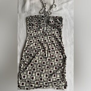 Cider Geometric Cream and Burgundy Square Print Halter Dress small